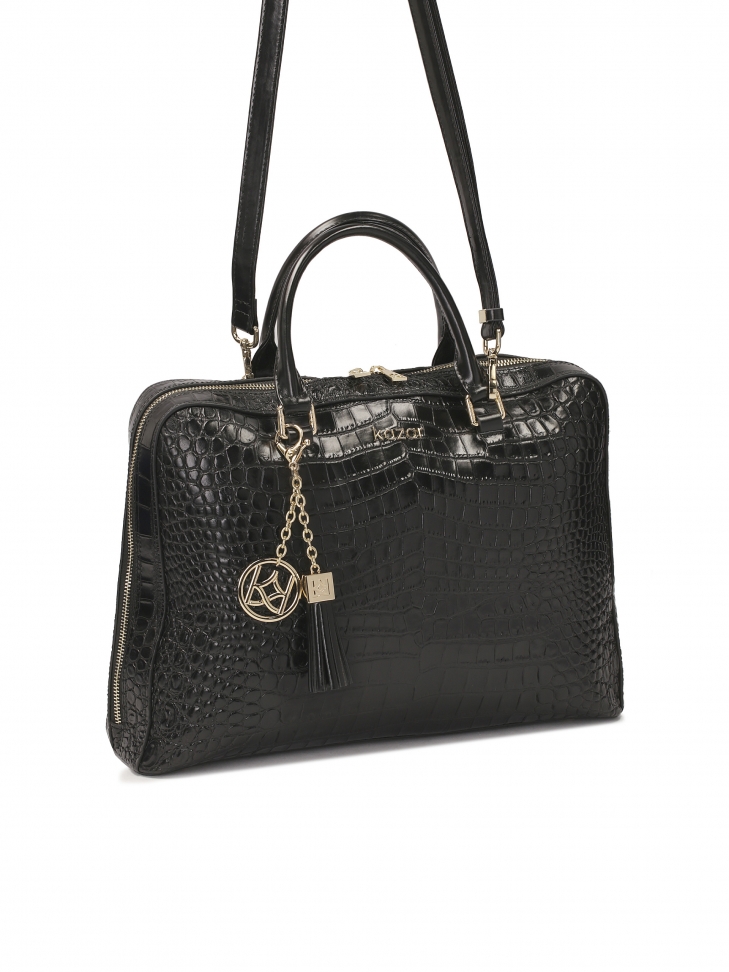 Elegancka czarna torba na laptopa z tłoczonej skóry