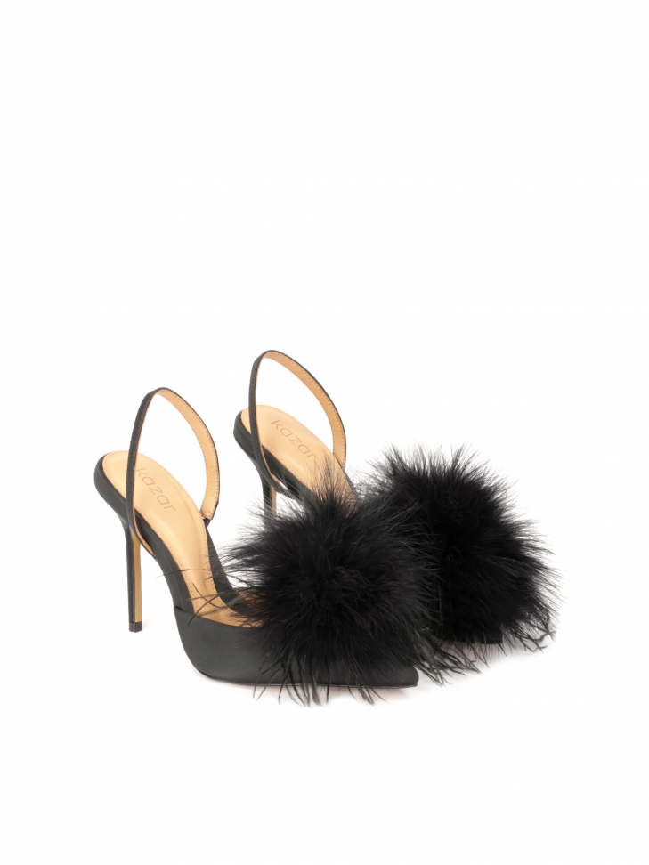 Czarne wieczorowe czółenka slingback z piórami