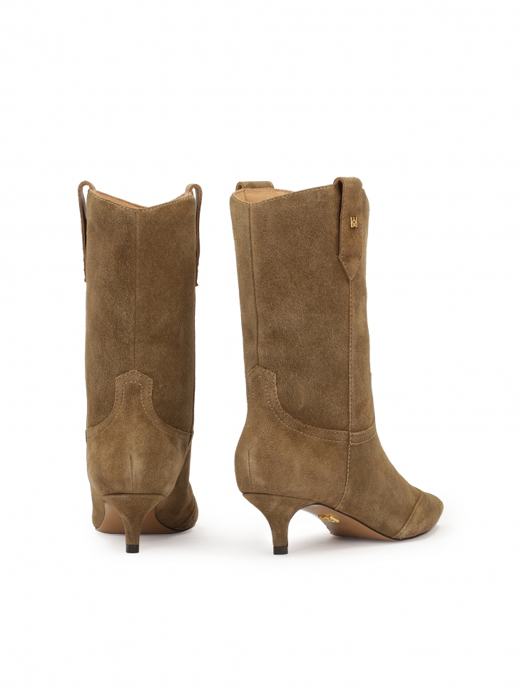 Brązowe botki z zamszowej skóry na niskim obcasie