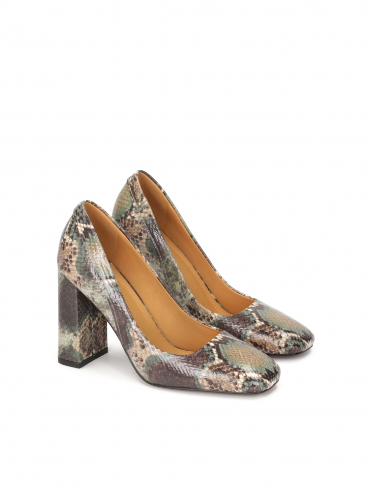 Wężowe czółenka na wysokim słupkowym obcasie