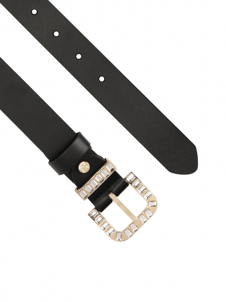 Czarny skórzany pasek z biżuteryjną klamrą