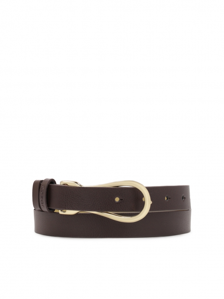 Wąski ciemnobrązowy pasek z ozdobną klamrą