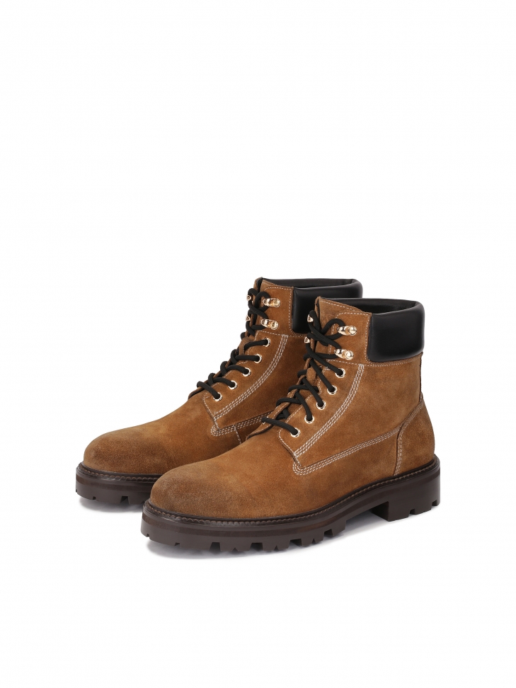 Brązowe męskie trzewiki z zamszu na trepowej podeszwie