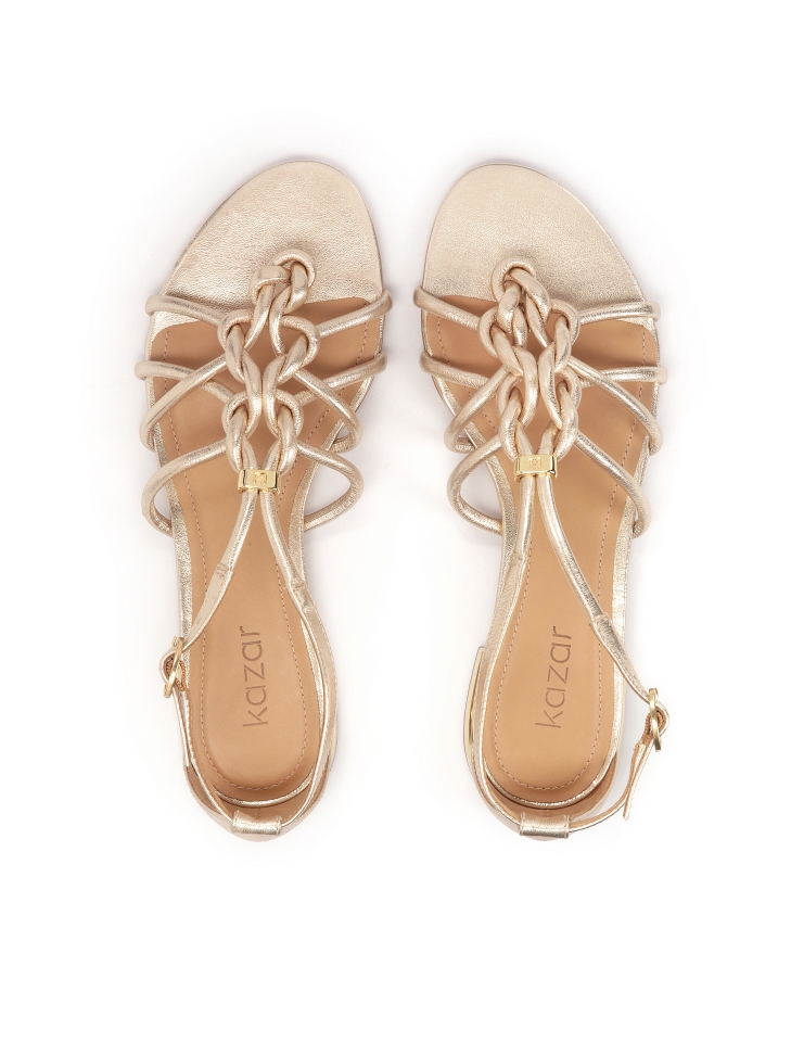 Złote sandały japonki z przeplatanymi paskami
