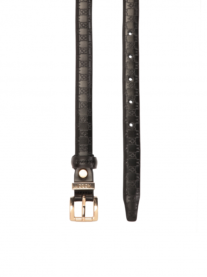 Elegancki wąski pasek w czarnym kolorze z tłoczonej skóry