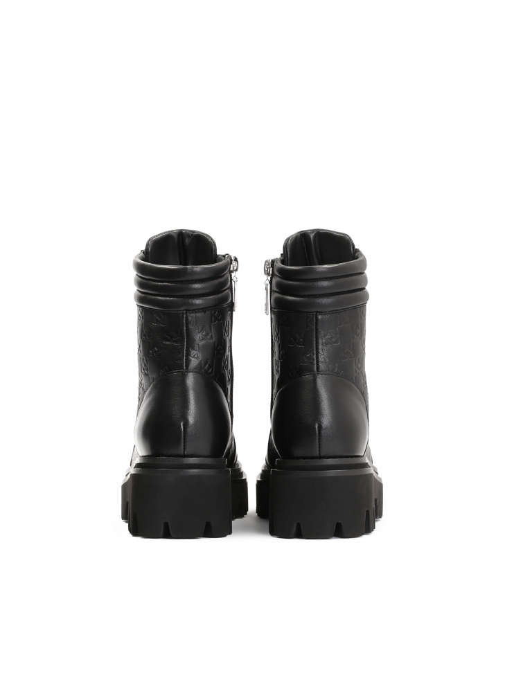 Czarne trzewiki damskie z tłoczonej i gładkiej skóry