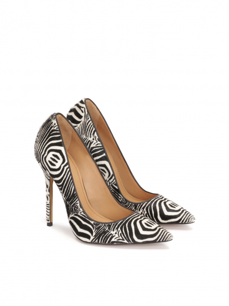 Wzorzyste czółenka na smukłej szpilce ze skóry z włosiem