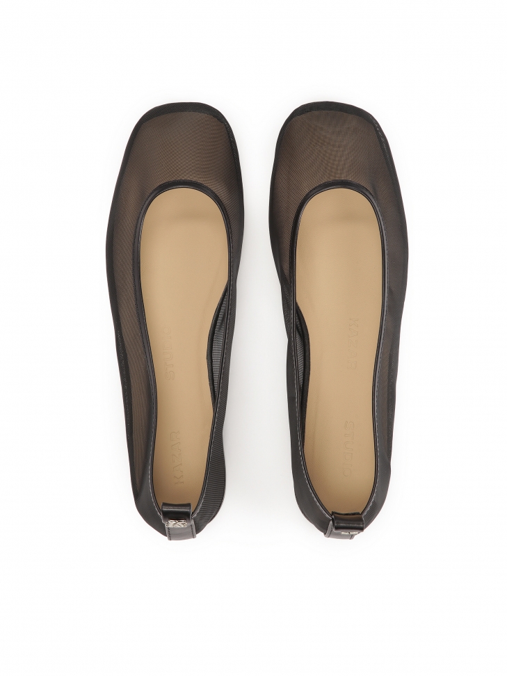 Czarne baleriny z siateczki ze skórzaną lamówką