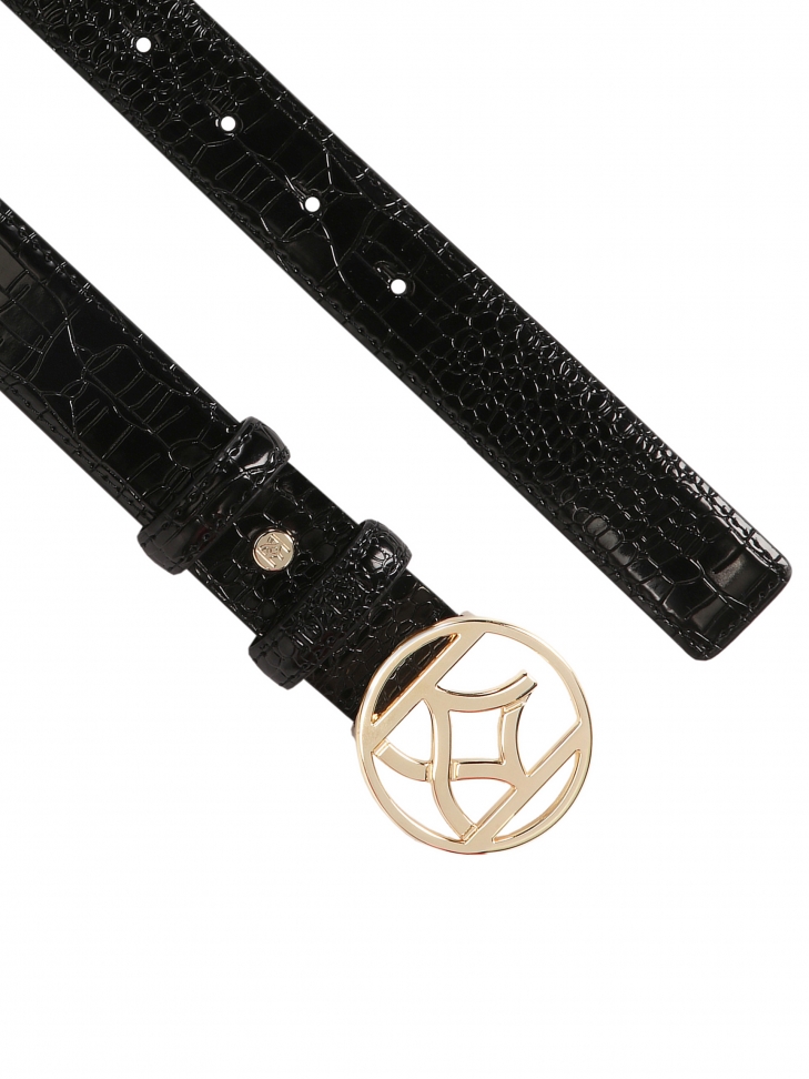 Czarny pasek z lakierowanej skóry z tłoczonym printem oko