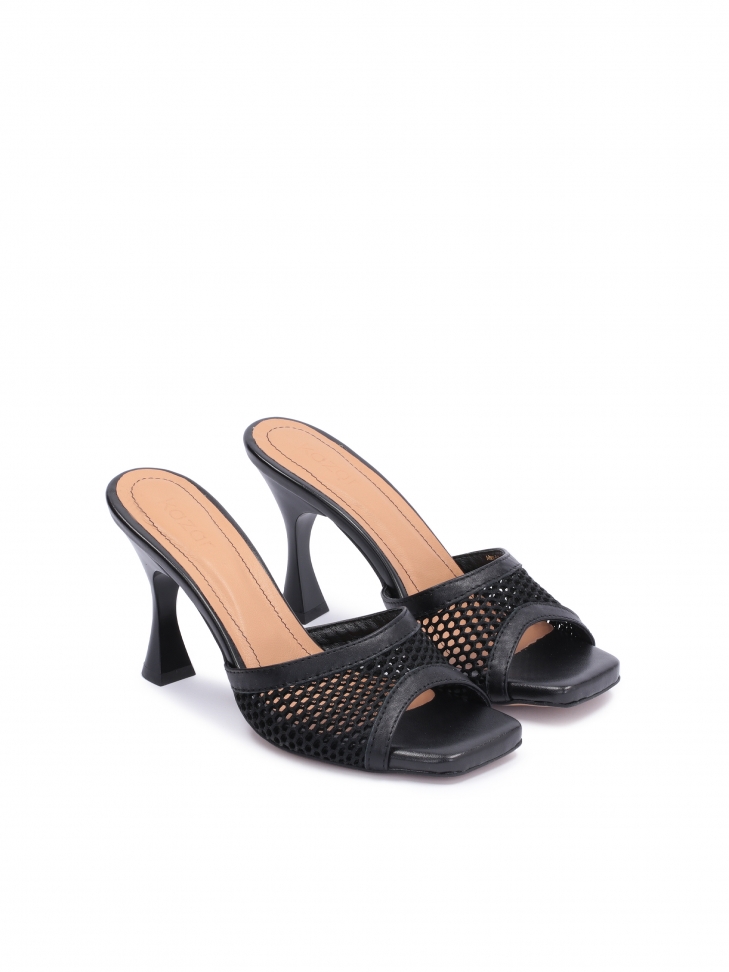 Czarne klapki na obcasie z przewiewnej tkaniny siatkowej