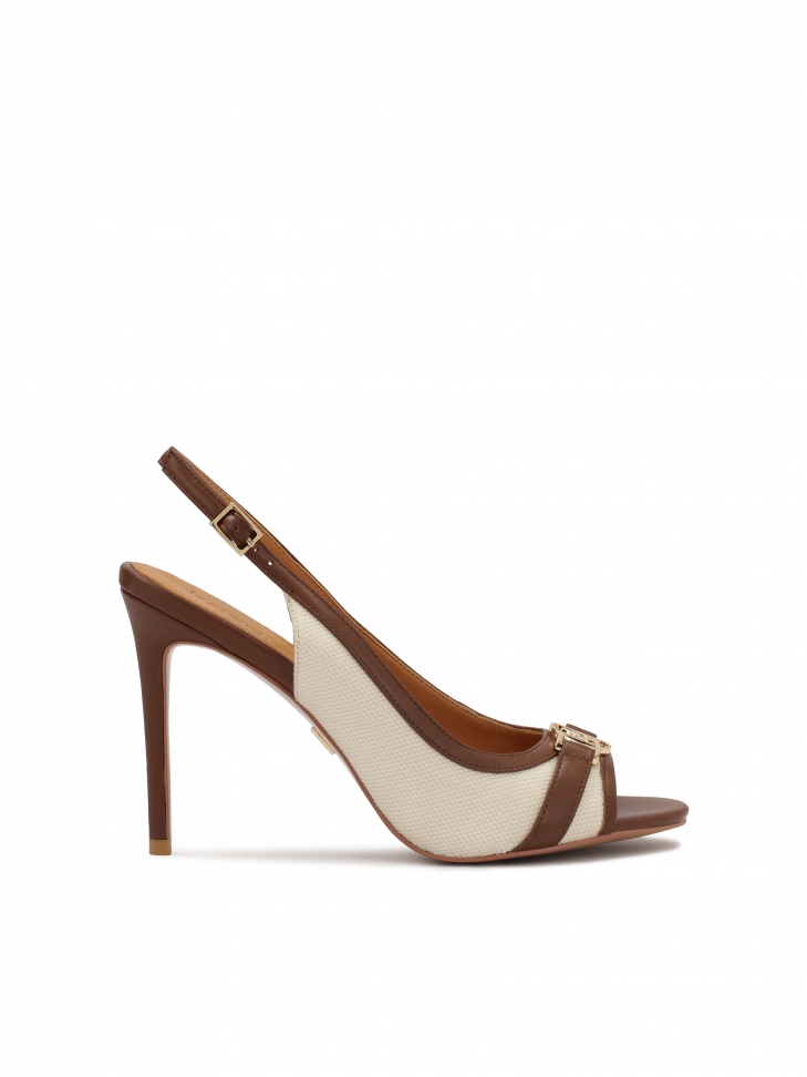 Brązowo-beżowe sandały ze skóry i tkaniny