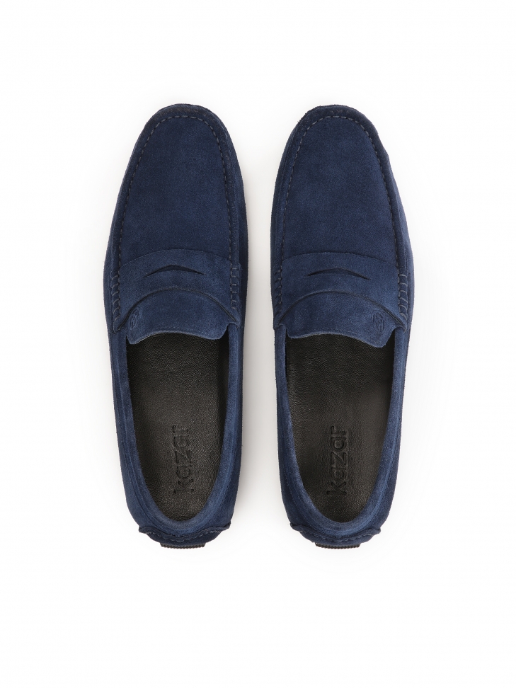 Granatowe mokasyny pensówki z zamszu na podeszwie z wypustkami