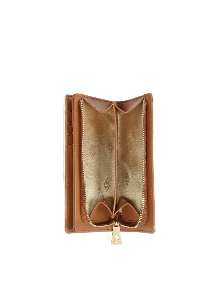 Jasny wzorzysty portfel z brązowym wnętrzem