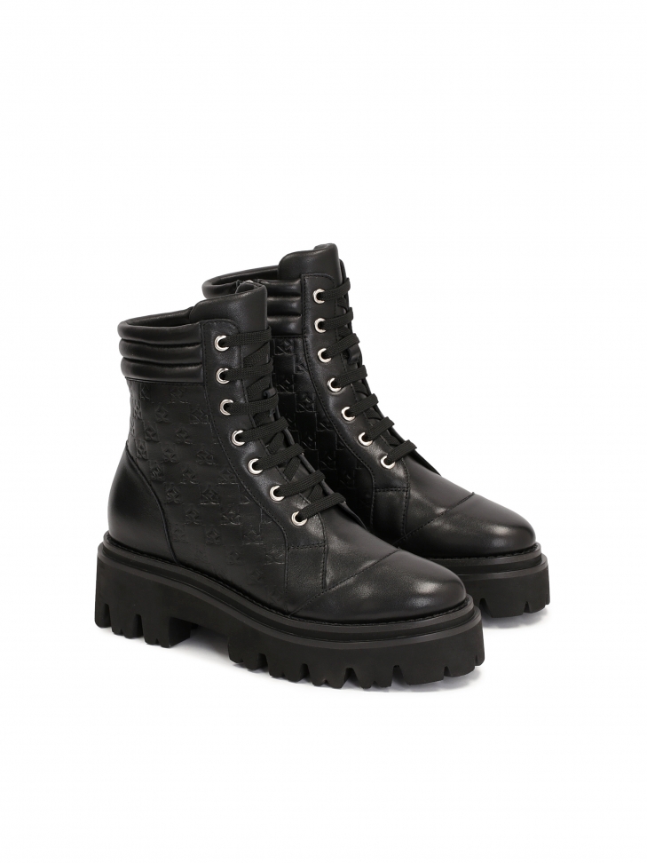 Czarne trzewiki damskie z tłoczonej i gładkiej skóry