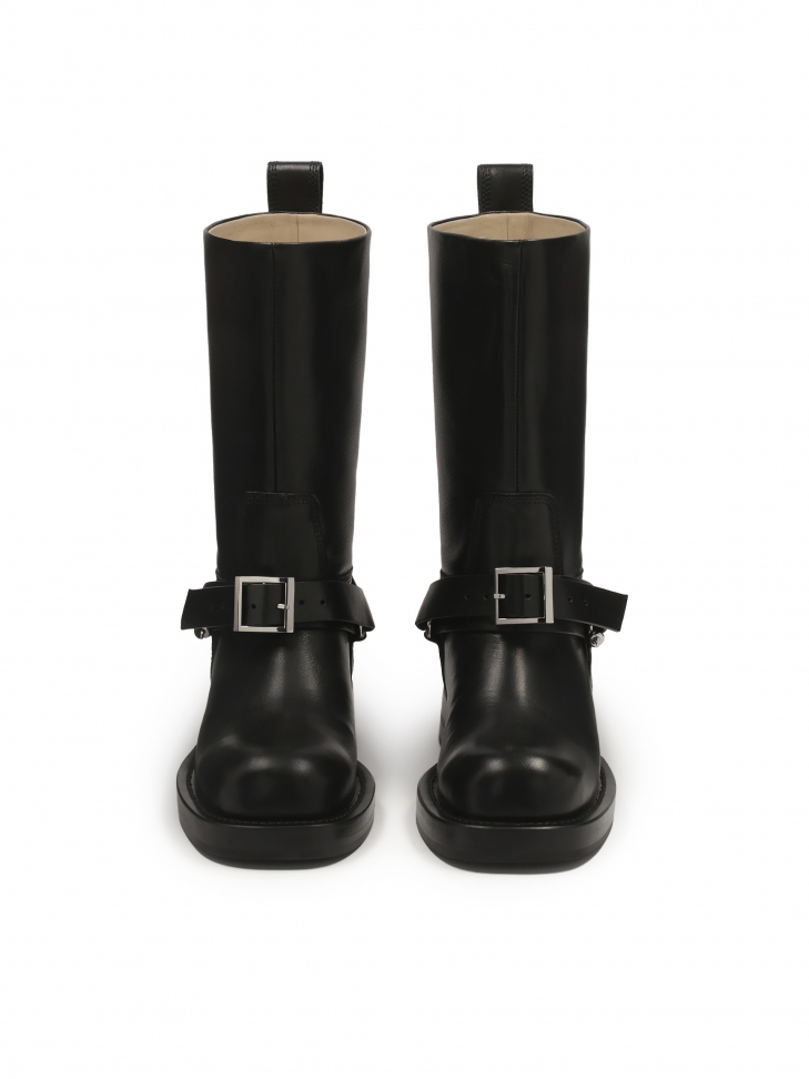 Skórzane botki typu bikery z wsuwaną cholewką