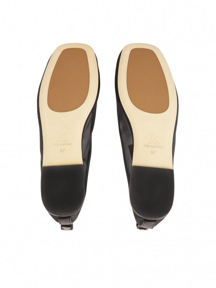 Czarne baleriny z siateczki ze skórzaną lamówką