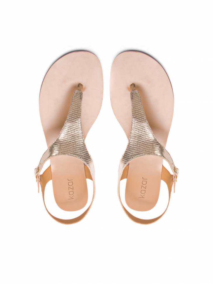 Złote sandały typu japonki z tłoczonej skóry