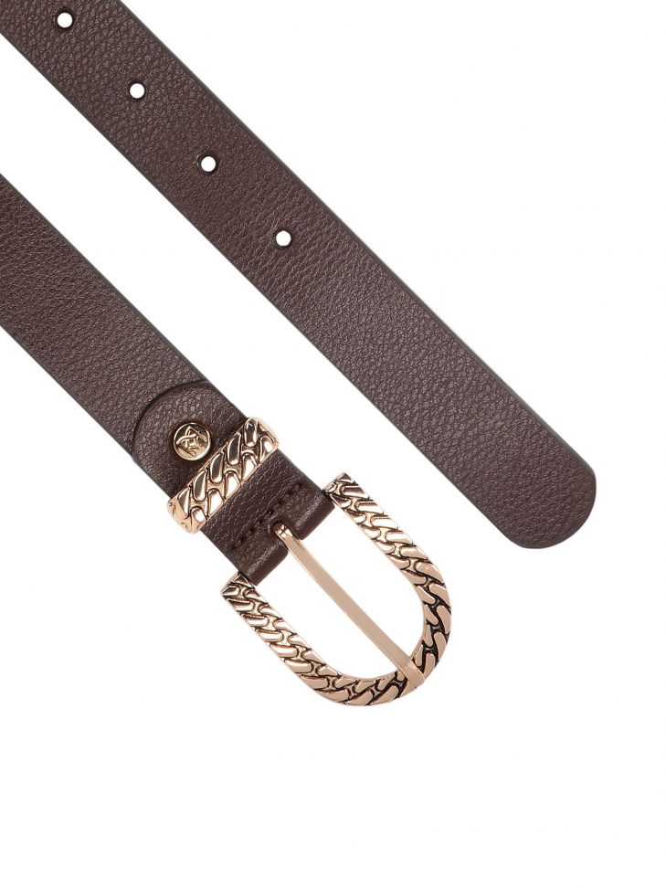 Brązowy pasek ze skóry z dekorowaną klamrą