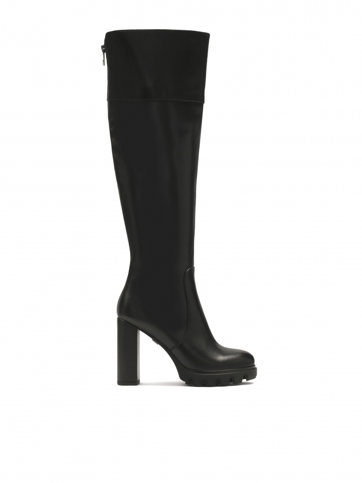 Skórzane muszkieterki na wysokim obcasie i platformie