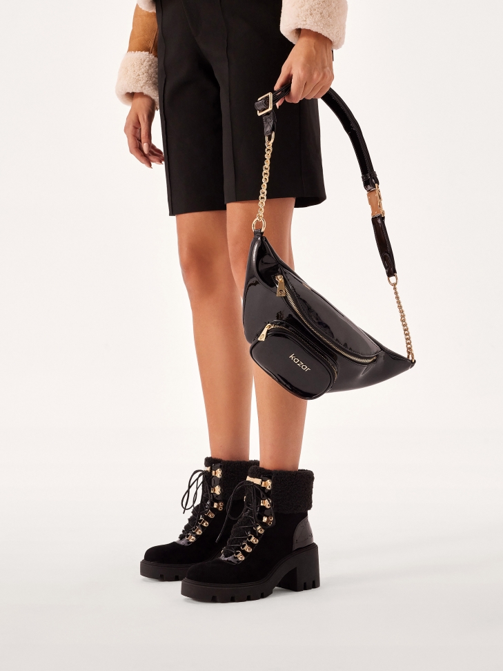 Sznurowane botki z zamszu i lakierowanej skóry