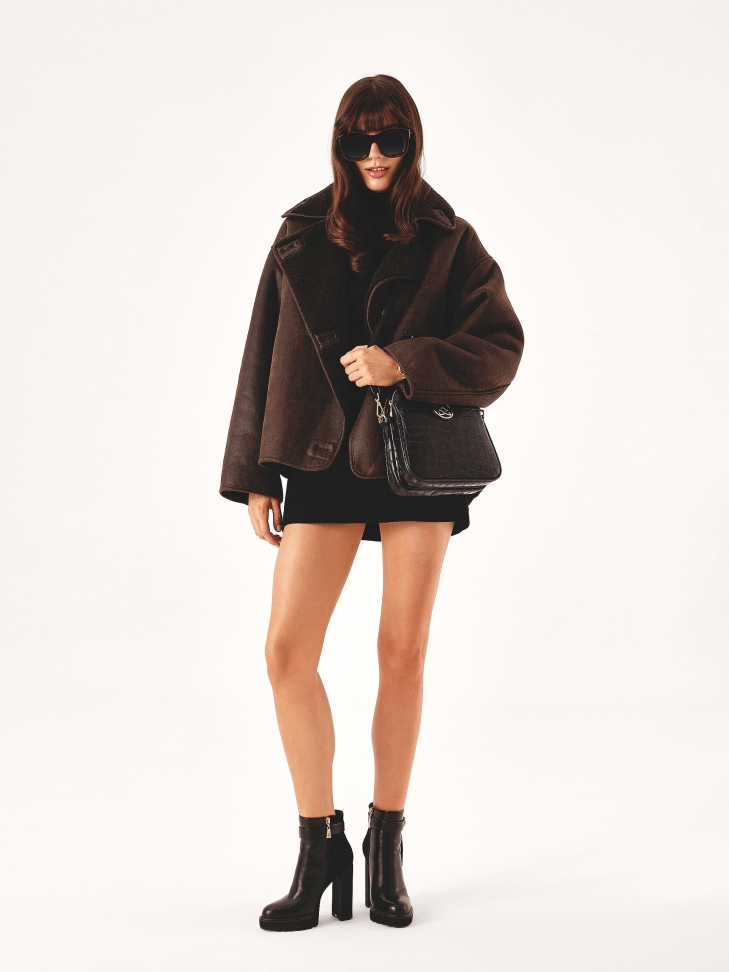 Botki na wysokim słupku z zamszu i gładkiej skóry