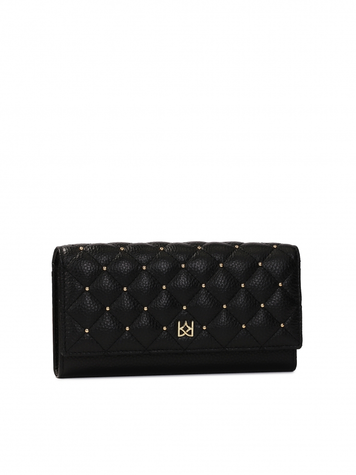 Elegancki czarny portfel z pikowaniem i otymi dżetami