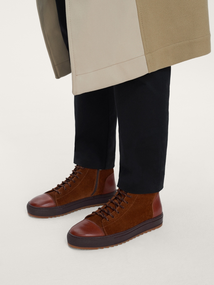 Brązowe sneakersy męskie z wysoką cholewką i karbowaną podeszwą