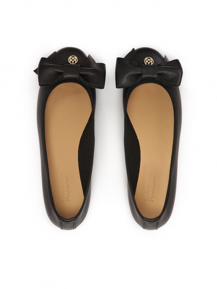 Czarne skórzane baleriny z dużą kokardą