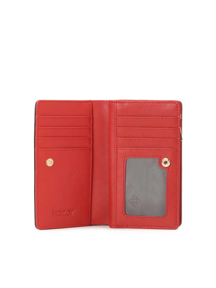 Czarny portfel skórzany z czerwonym wnętrzem