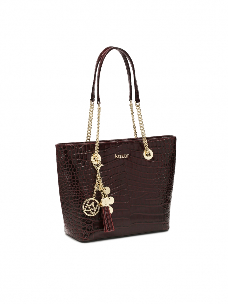 Bordowa błyszcząca torebka z tłoczonej skóry