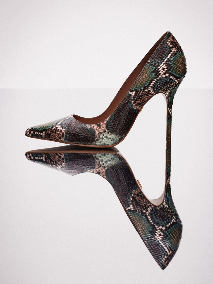 Wężowe skórzane szpilki na wysokim obcasie