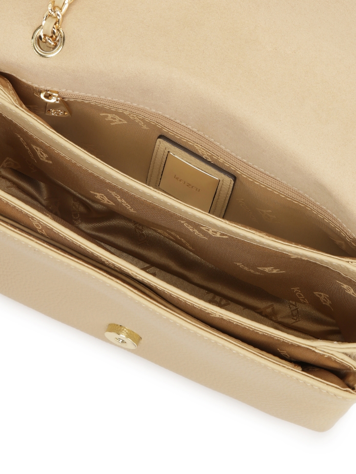 Beżowa torebka na łańcuszku ze skórzaną wstawką