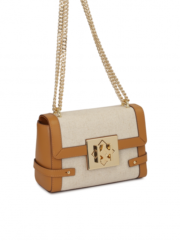 Beżowa torebka na łańcuszku z tkaniny płóciennej