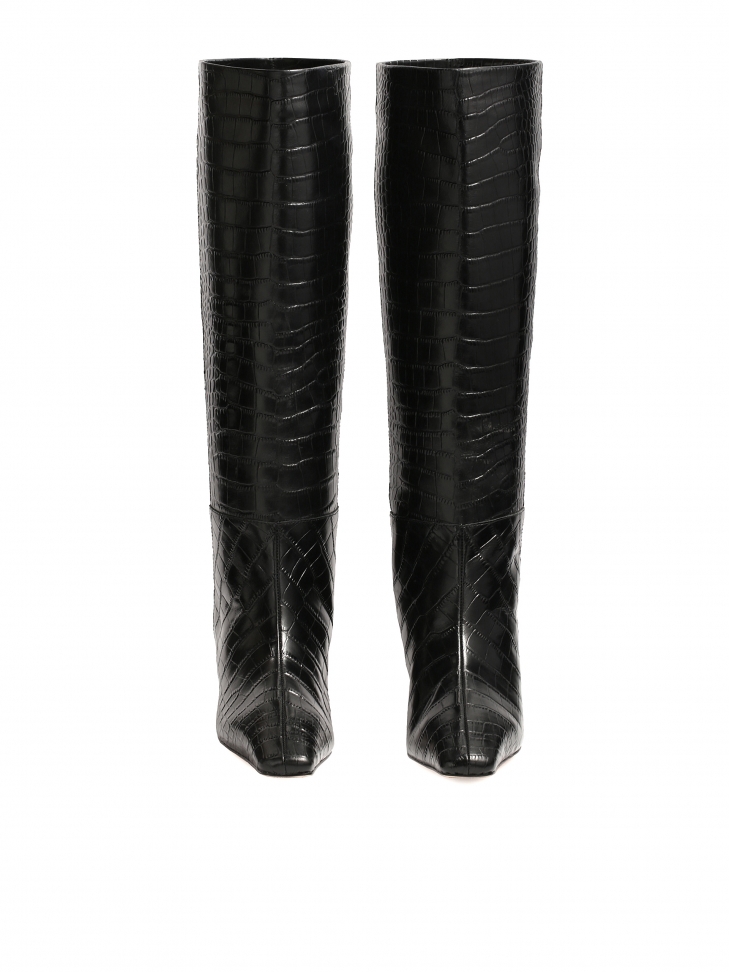 Czarne kozaki w zwierzęcy motyw na obcasie kitten heels