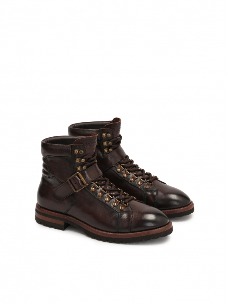 Ciemnobrązowe ocieplane trzewiki męskie z licowej skóry