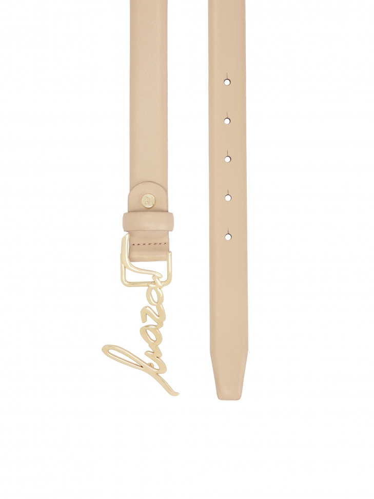 Beżowy pasek z klamrą w kształcie nazwy marki