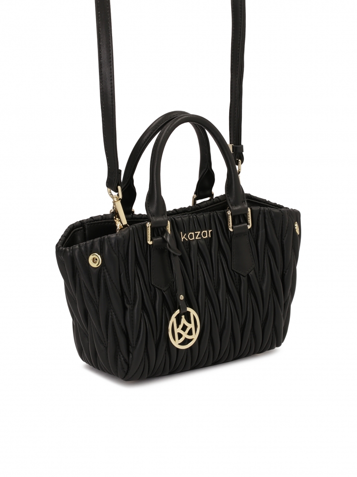 Efektowna czarna torebka z dwoma uchwytami i paskiem