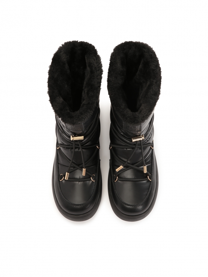 Czarne śniegowce damskie z licowej skóry i tkaniny