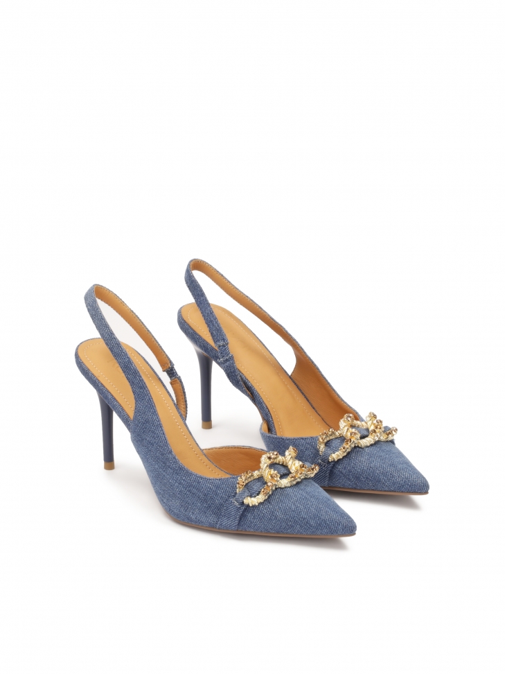 Niebieskie czółenka slingback z tkaniny denim