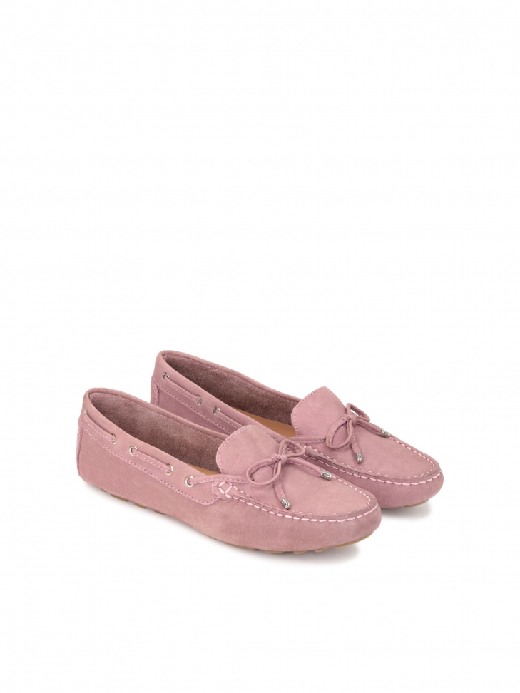 Różowe mokasyny damskie z rzemykiem i kokardką