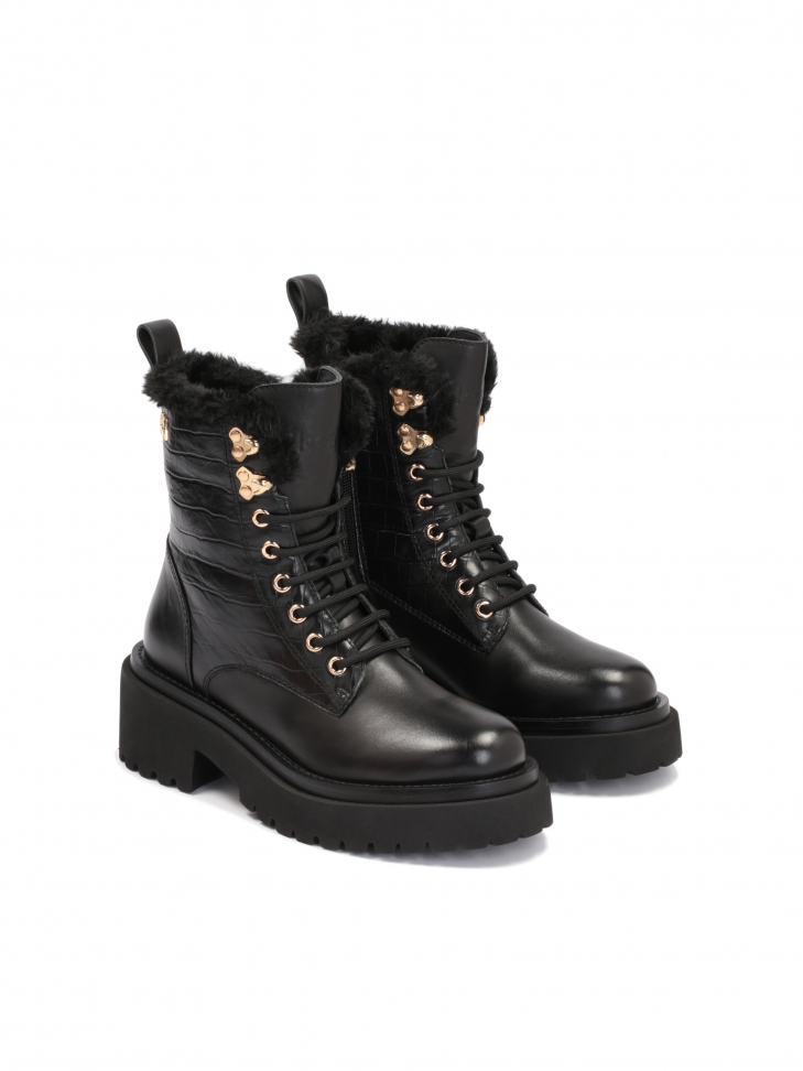 Ocieplane trzewiki damskie z tłoczonej i gładkiej skóry