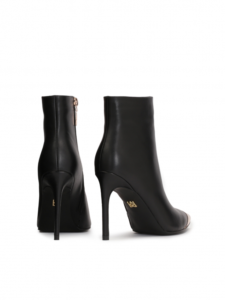 Czarne skórzane botki na obcasie z metalowym noskiem