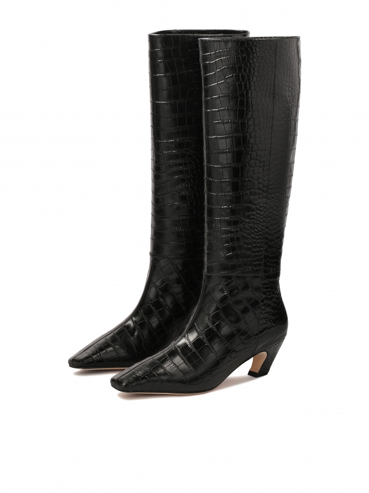 Czarne kozaki w zwierzęcy motyw na obcasie kitten heels