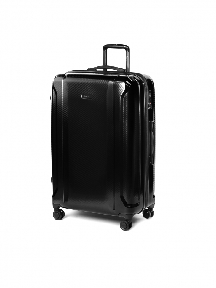 Duża czarna walizka o ciekawej strukturze z zamkiem szyfrowym