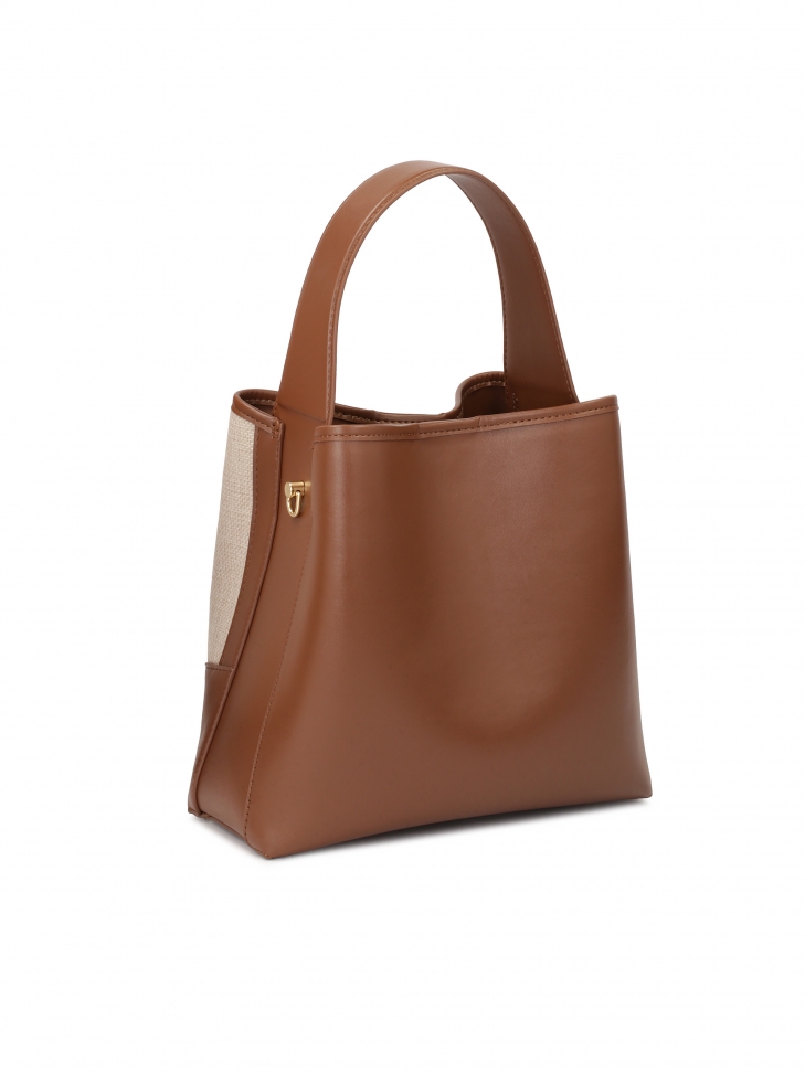 Brązowa skórzana torebka z wstawką z tkaniny