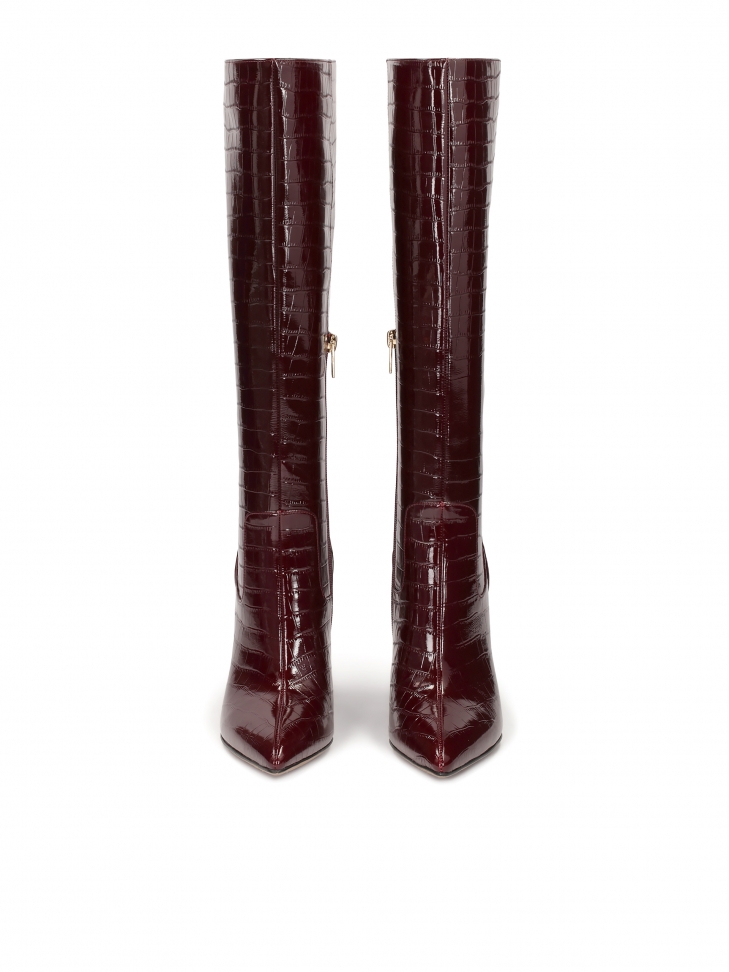 Bordowe kozaki z tłoczonej skóry