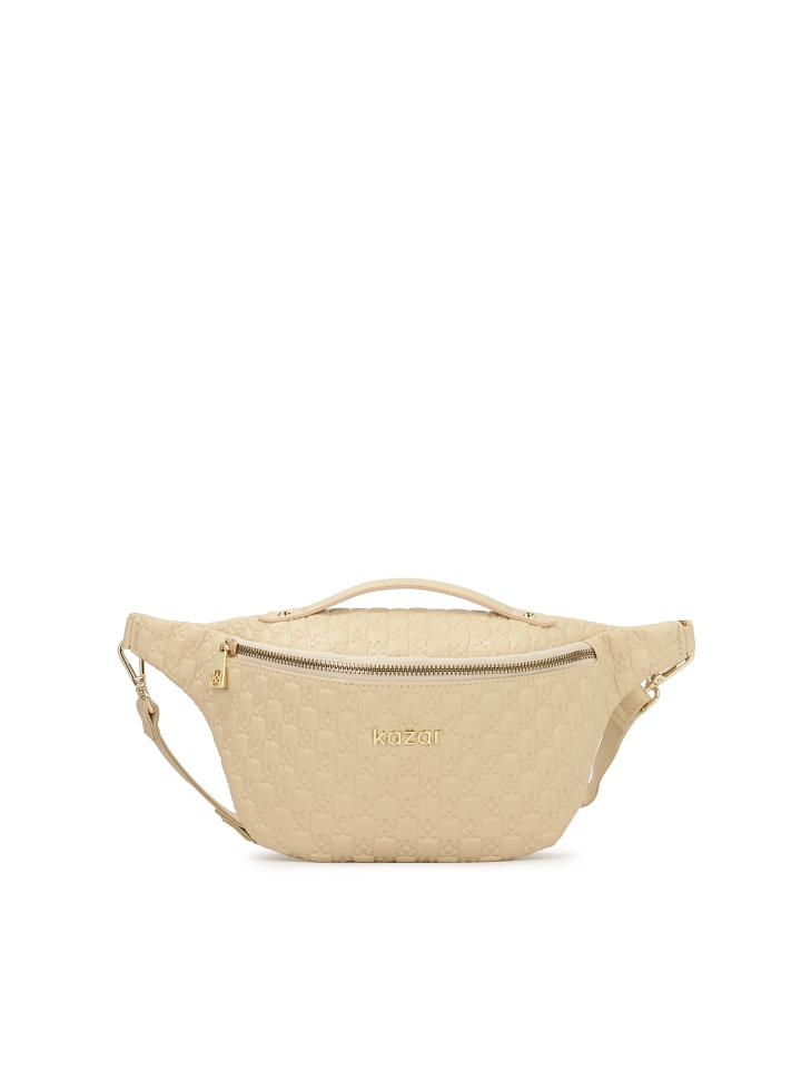 Beżowa nerka ze skóry tłoczonej w monogramy