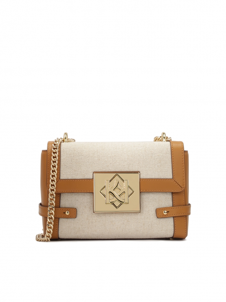 Beżowa torebka na łańcuszku z tkaniny płóciennej