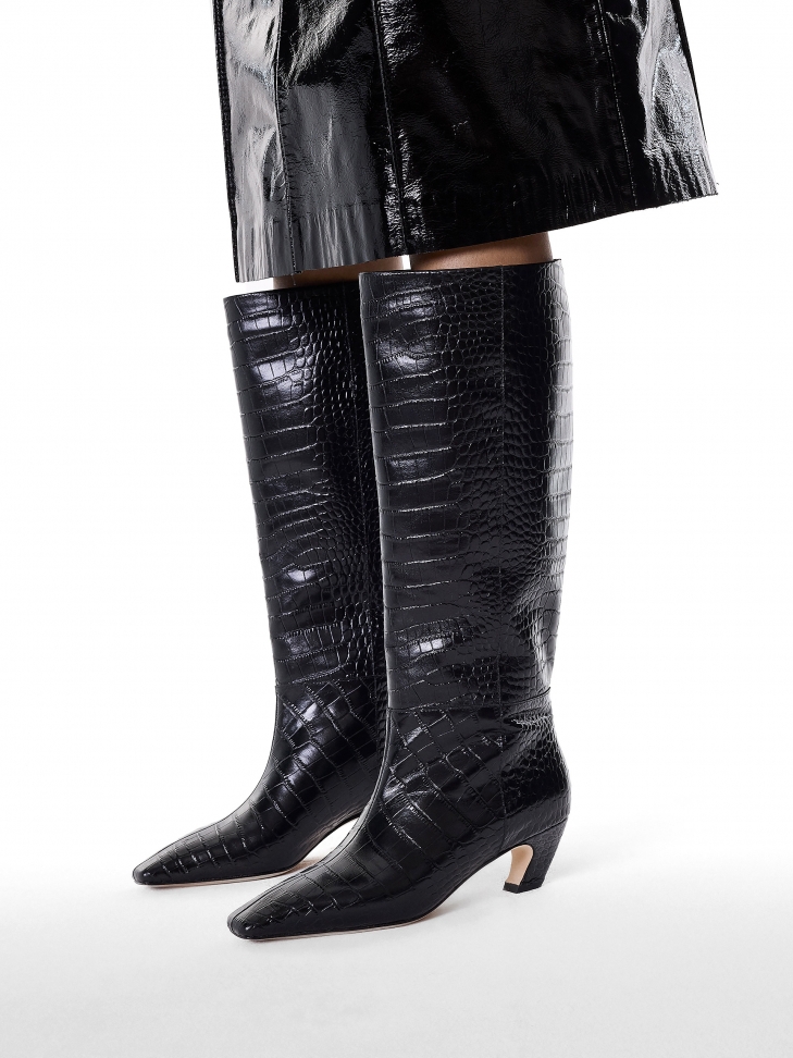 Czarne kozaki w zwierzęcy motyw na obcasie kitten heels