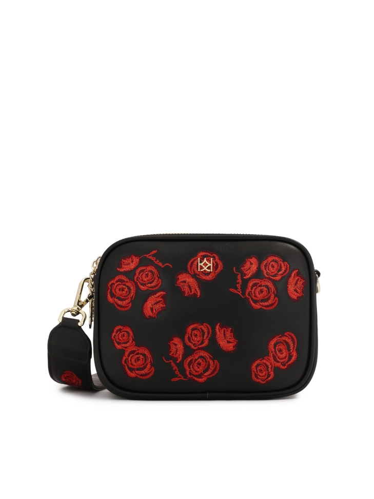 Czarna klasyczna torebka w czerwone kwiaty